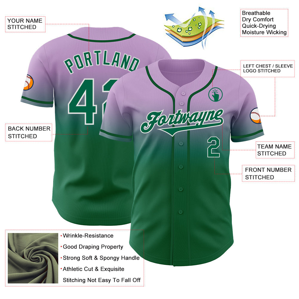 Custom Light Purple Kelly Green-White Authentic Fade Fashion Baseball Jersey - Sky-Custom