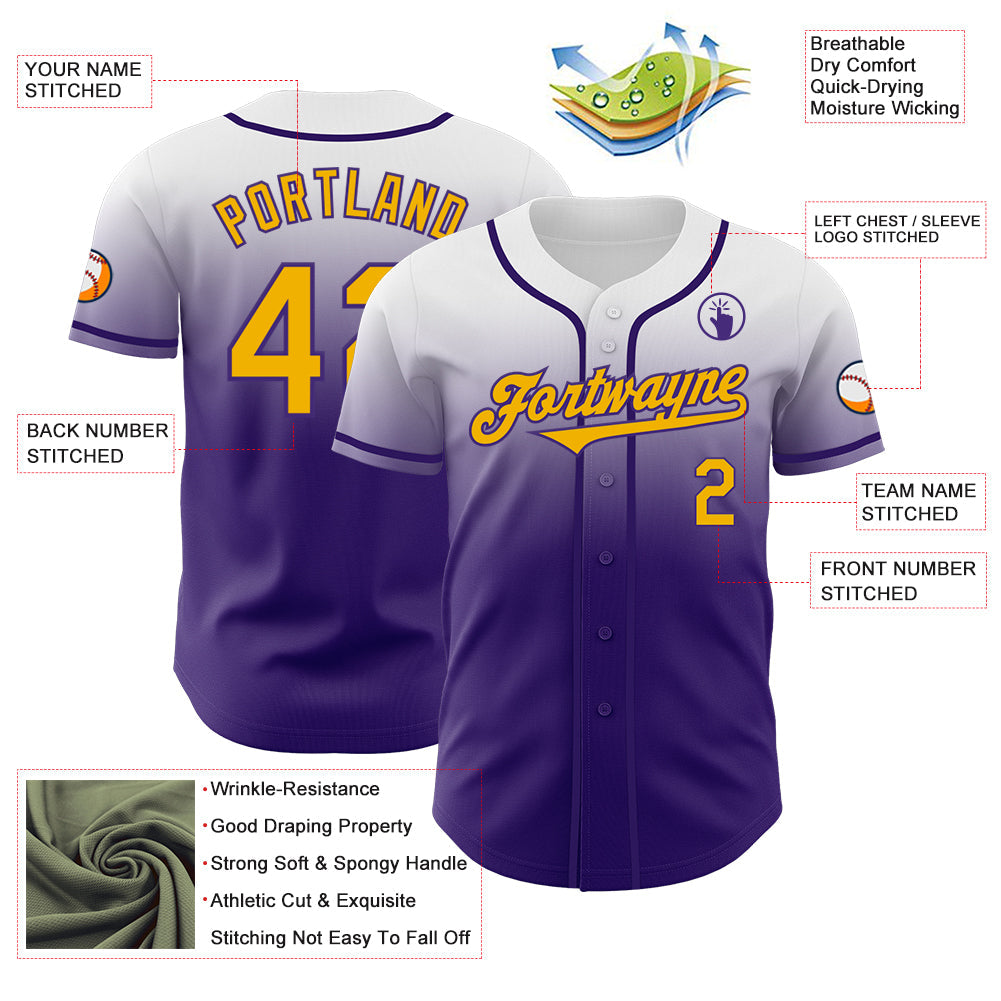 Custom White Gold-Purple Authentic Fade Fashion Baseball Jersey - Sky-Custom