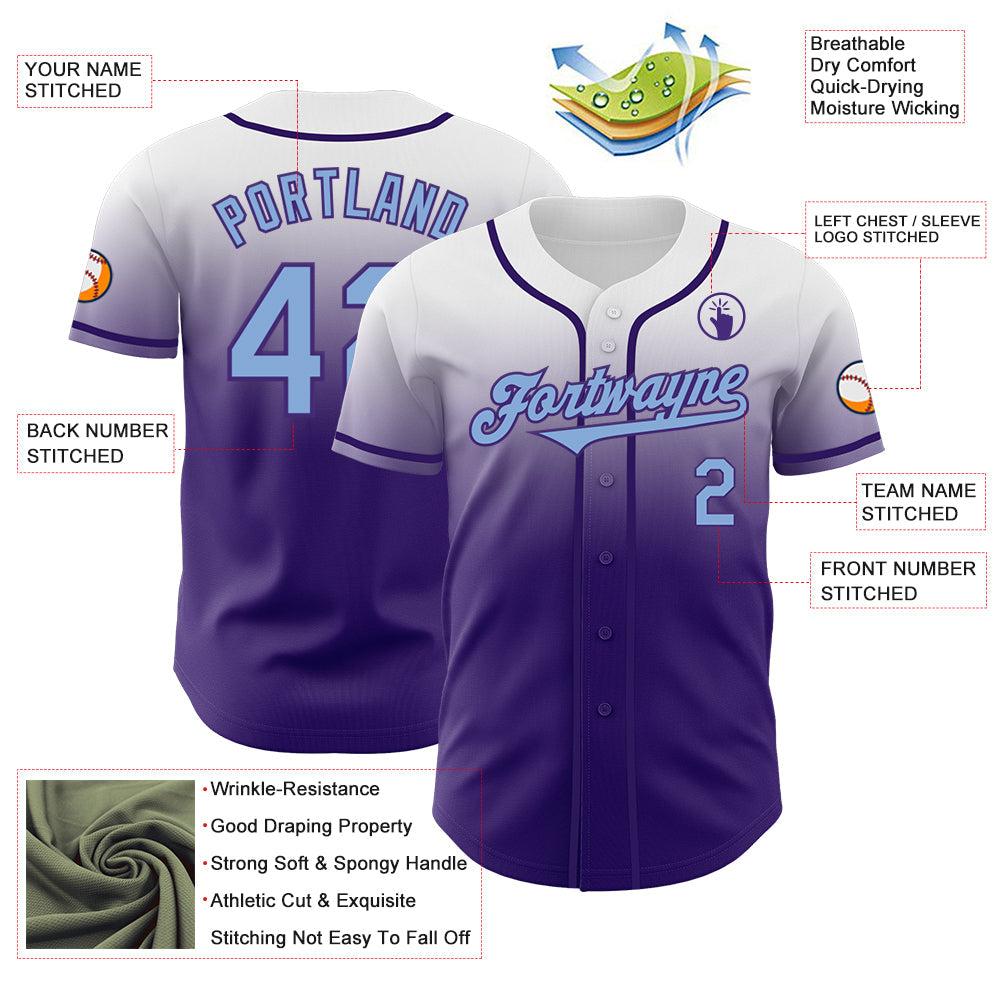 Custom White Light Blue-Purple Authentic Fade Fashion Baseball Jersey - Sky-Custom