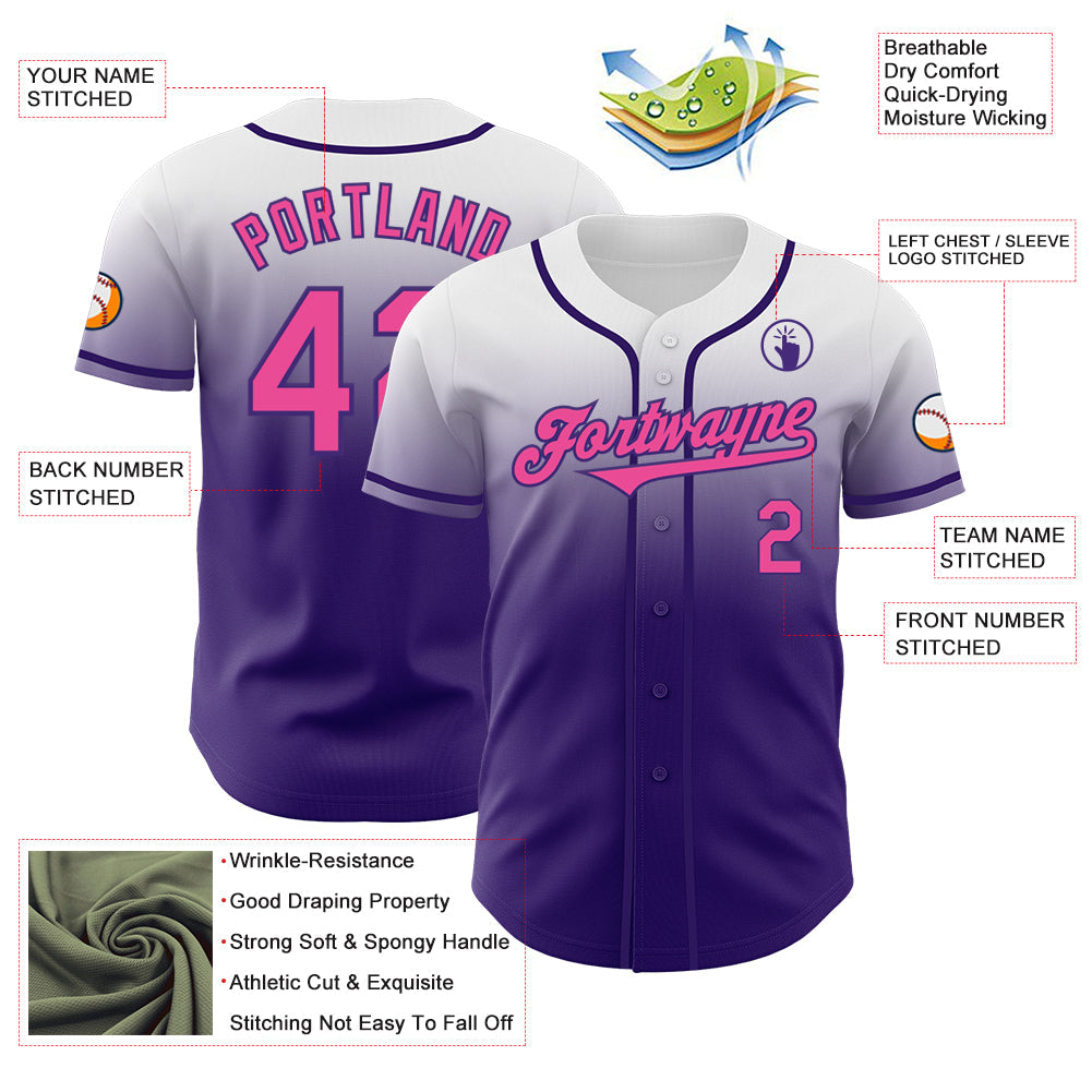 Custom White Pink-Purple Authentic Fade Fashion Baseball Jersey - Sky-Custom