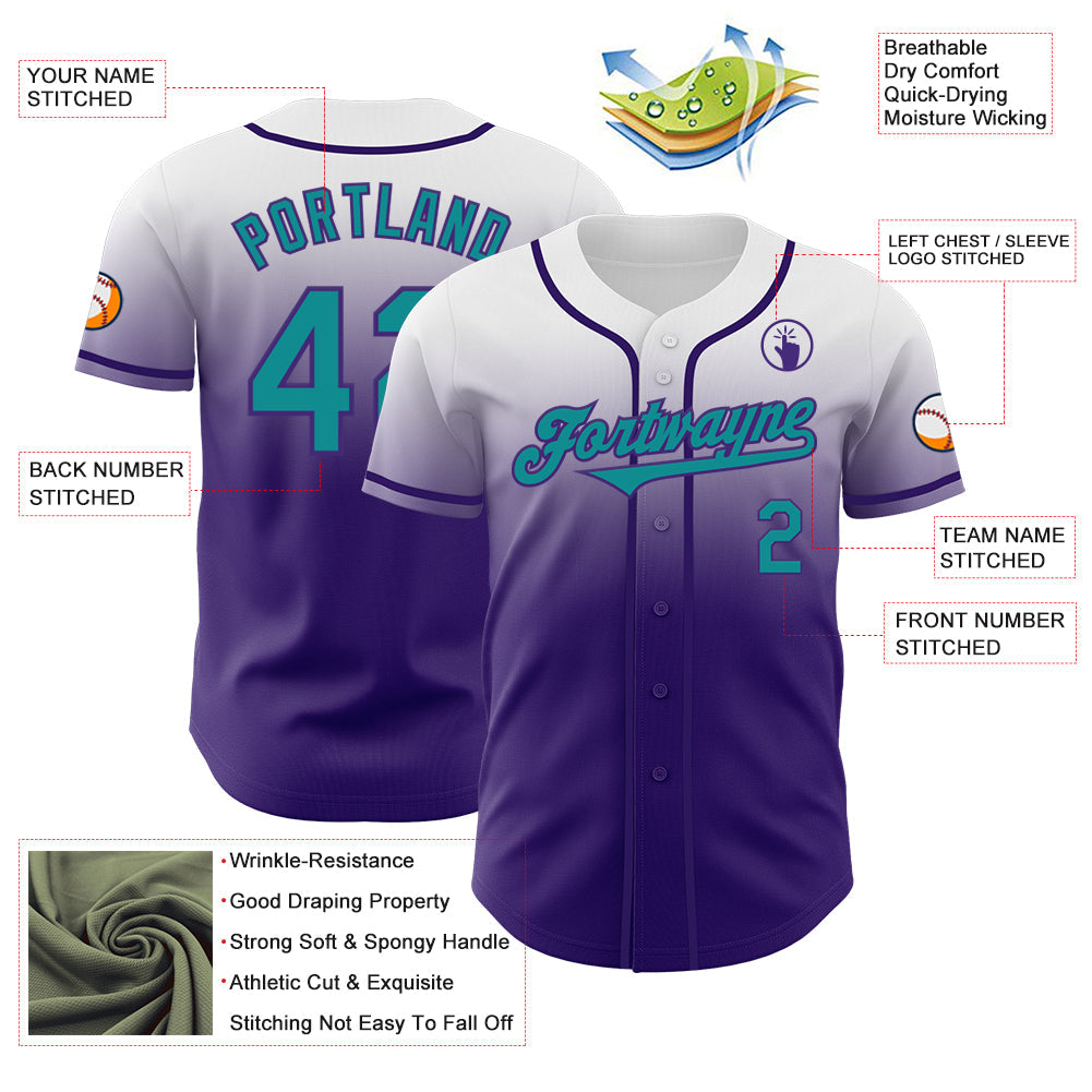 Custom White Teal-Purple Authentic Fade Fashion Baseball Jersey - Sky-Custom
