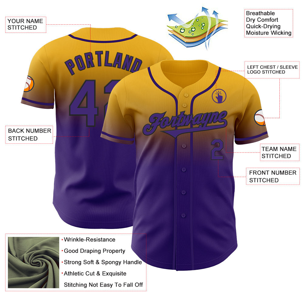Custom Gold Purple-Black Authentic Fade Fashion Baseball Jersey - Sky-Custom