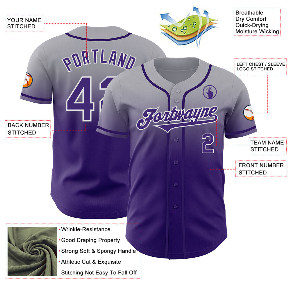 Custom Gray Purple-White Authentic Fade Fashion Baseball Jersey - Sky-Custom