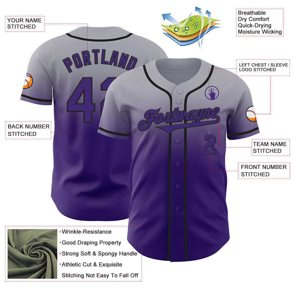 Custom Gray Purple-Black Authentic Fade Fashion Baseball Jersey - Sky-Custom