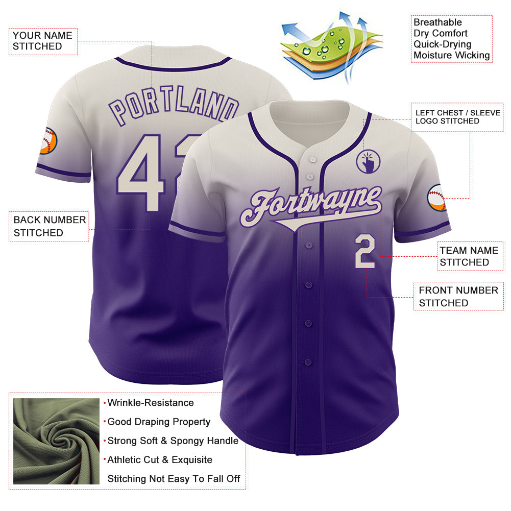 Custom Cream Purple Authentic Fade Fashion Baseball Jersey - Sky-Custom