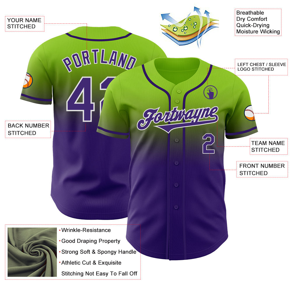 Custom Neon Green Purple-White Authentic Fade Fashion Baseball Jersey - Sky-Custom