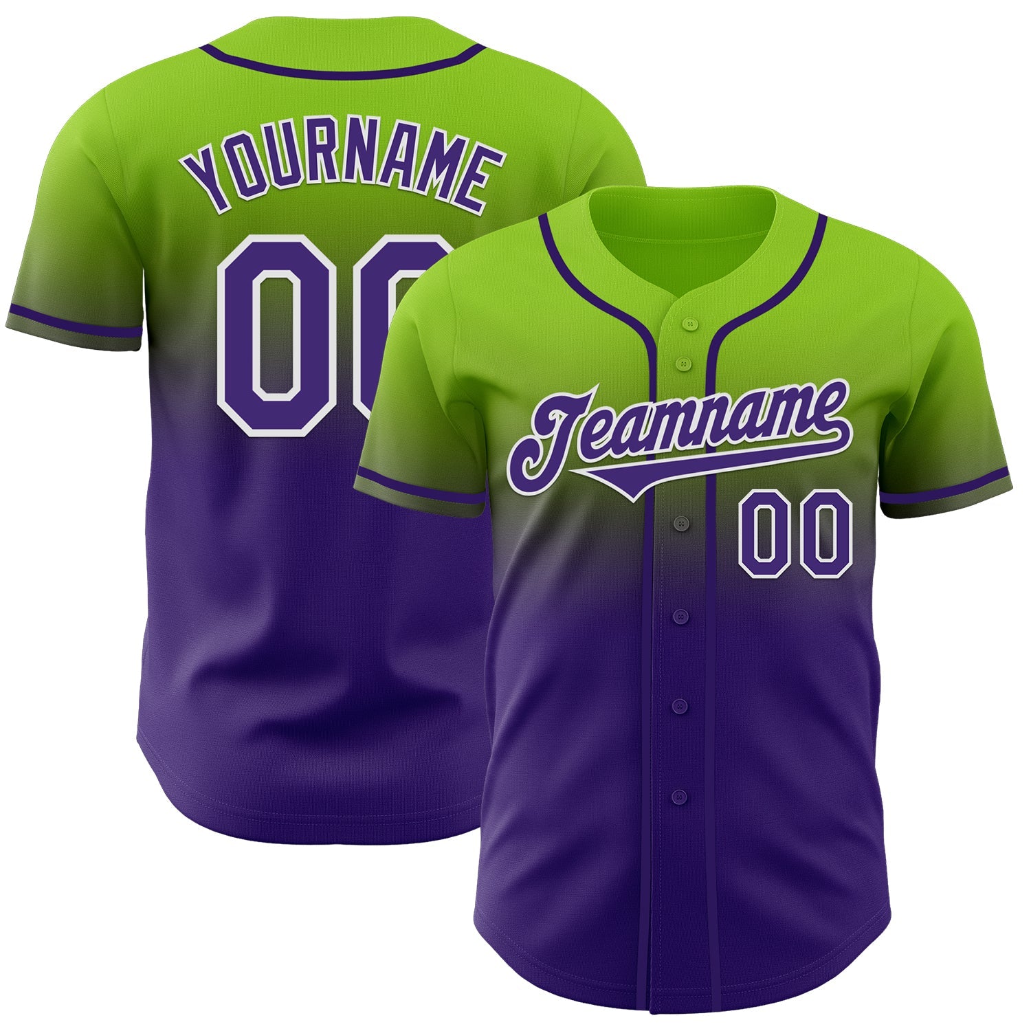 Custom Neon Green Purple-White Authentic Fade Fashion Baseball Jersey - Sky-Custom