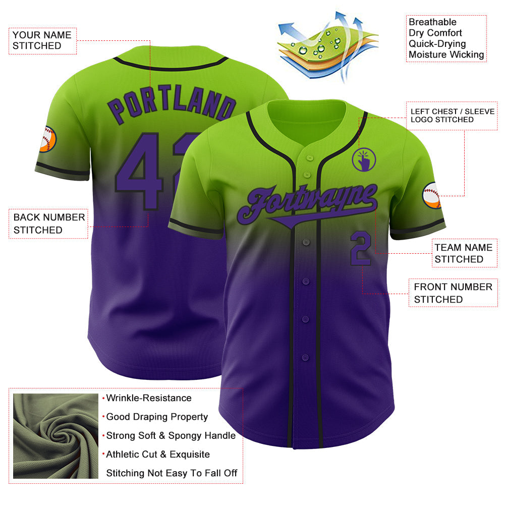 Custom Neon Green Purple-Black Authentic Fade Fashion Baseball Jersey - Sky-Custom