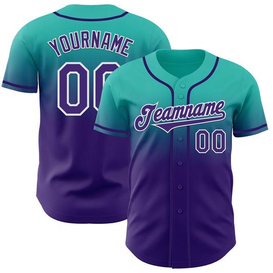Custom Aqua Purple-White Authentic Fade Fashion Baseball Jersey - Sky-Custom
