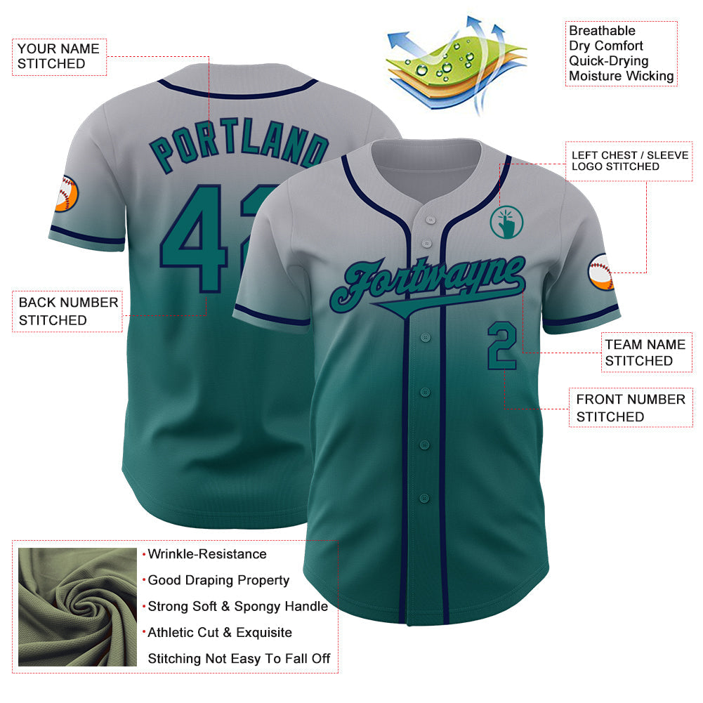 Custom Gray Teal-Navy Authentic Fade Fashion Baseball Jersey - Sky-Custom