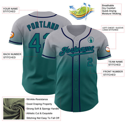 Custom Gray Teal-Navy Authentic Fade Fashion Baseball Jersey - Sky-Custom