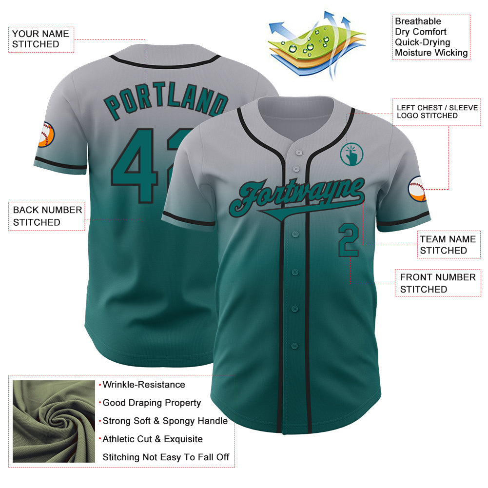 Custom Gray Teal-Black Authentic Fade Fashion Baseball Jersey - Sky-Custom