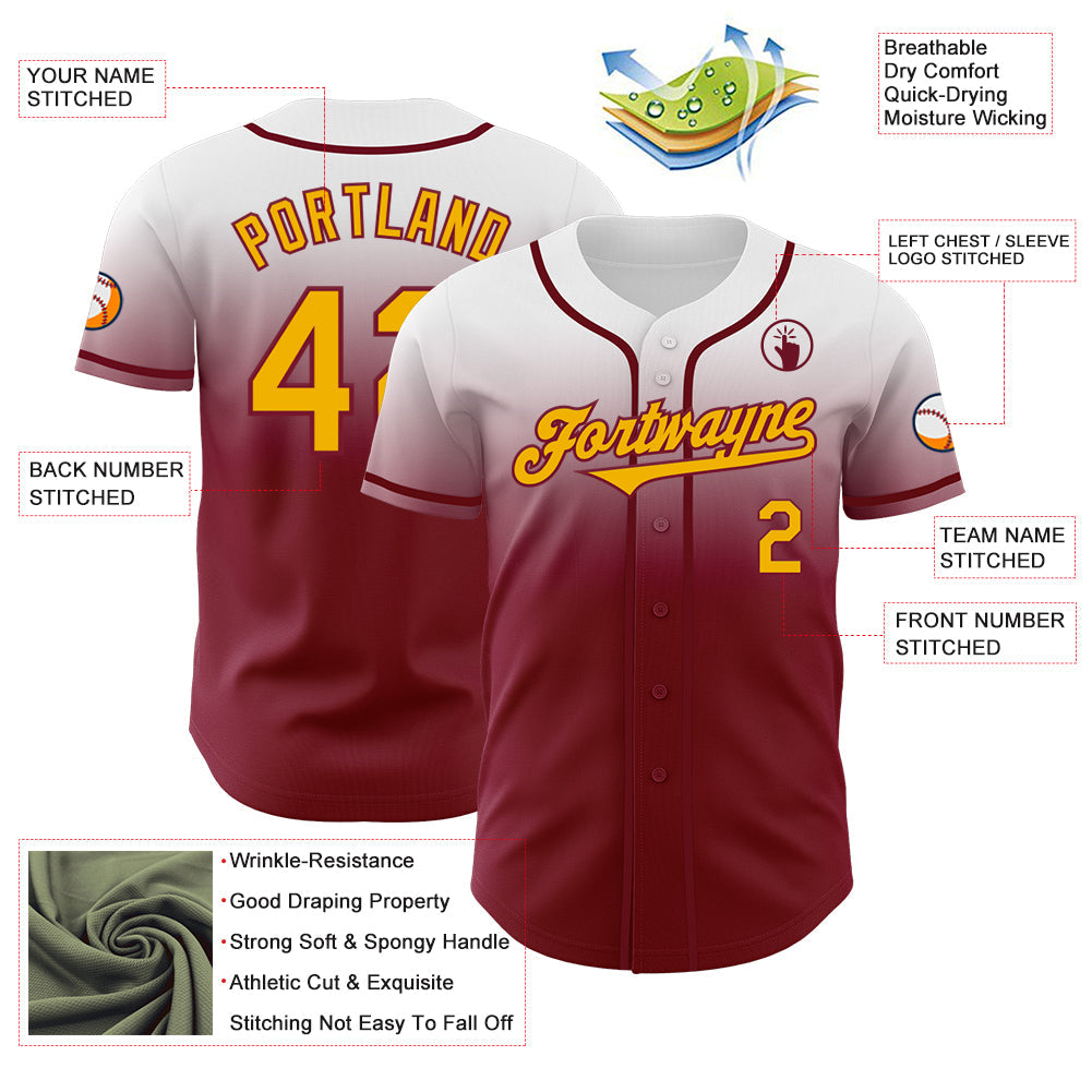 Custom White Gold-Crimson Authentic Fade Fashion Baseball Jersey - Sky-Custom