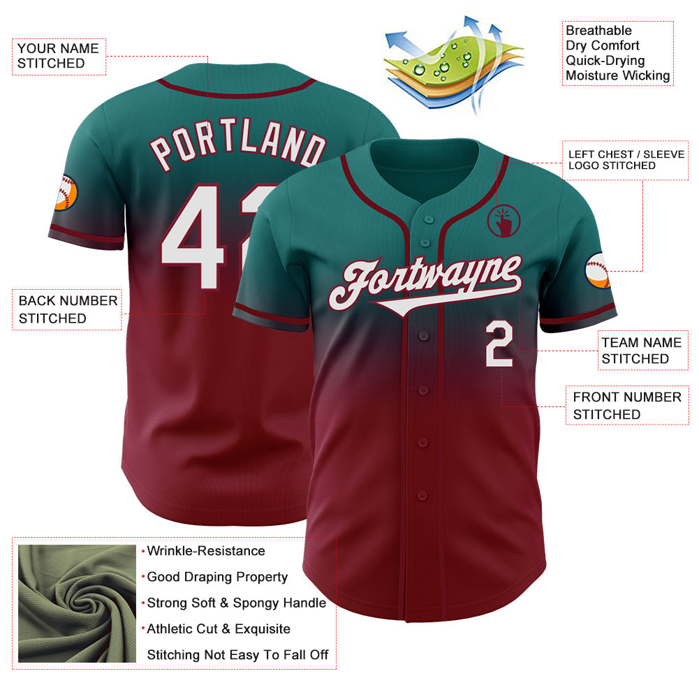 Custom Teal White-Crimson Authentic Fade Fashion Baseball Jersey - Sky-Custom
