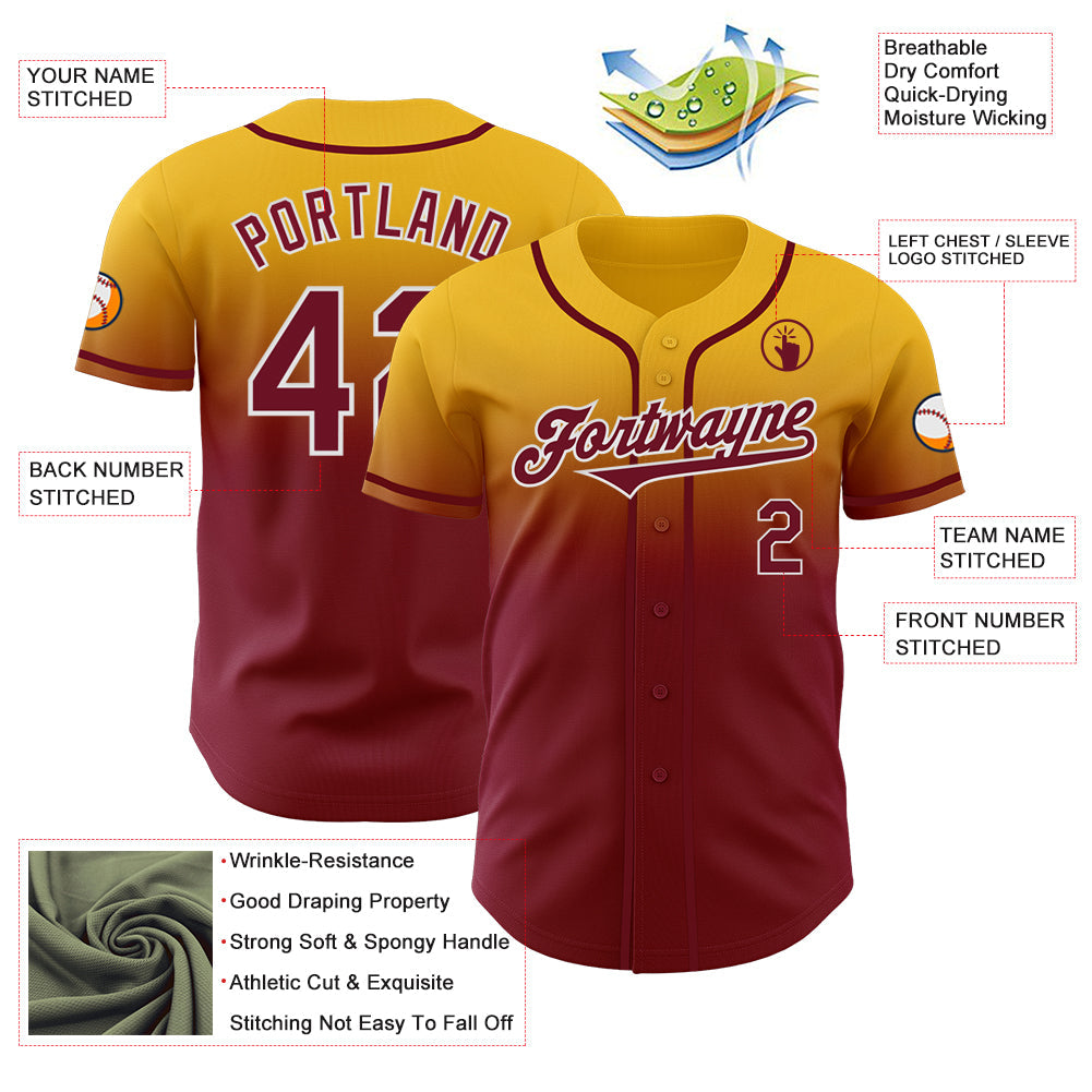 Custom Gold Crimson-White Authentic Fade Fashion Baseball Jersey - Sky-Custom