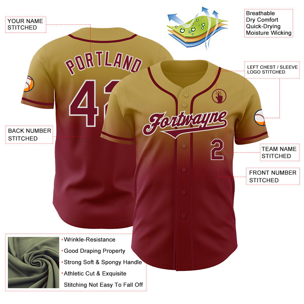 Custom Old Gold Crimson-White Authentic Fade Fashion Baseball Jersey - Sky-Custom