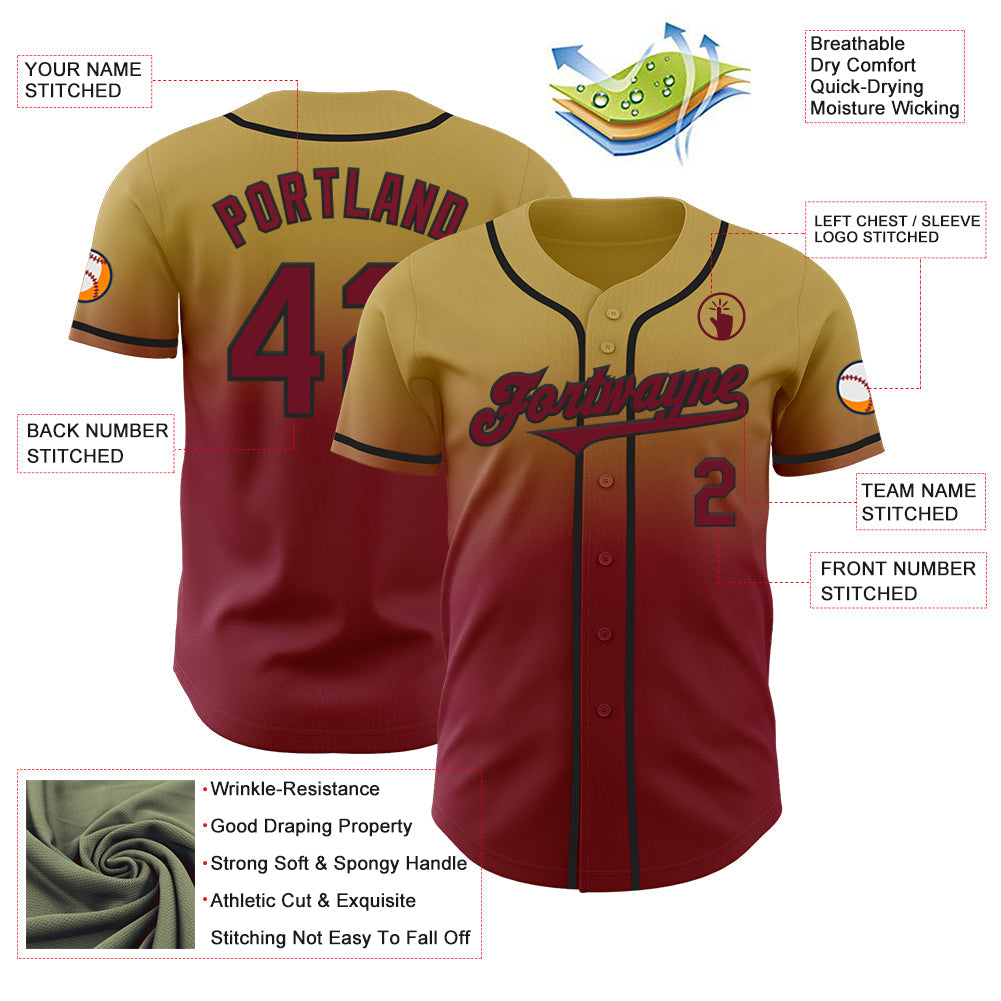 Custom Old Gold Crimson-Black Authentic Fade Fashion Baseball Jersey - Sky-Custom