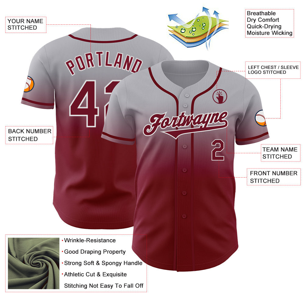 Custom Gray Crimson-White Authentic Fade Fashion Baseball Jersey - Sky-Custom