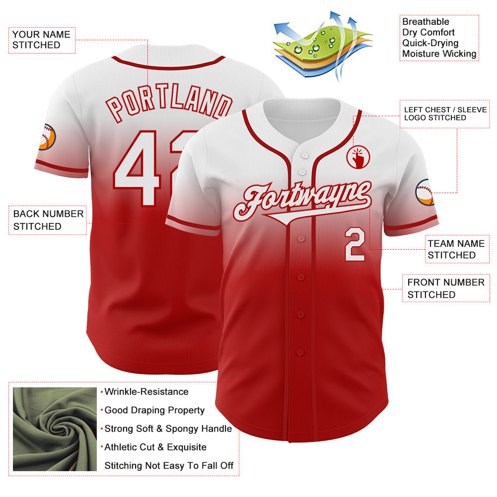 Custom White Red Authentic Fade Fashion Baseball Jersey - Sky-Custom