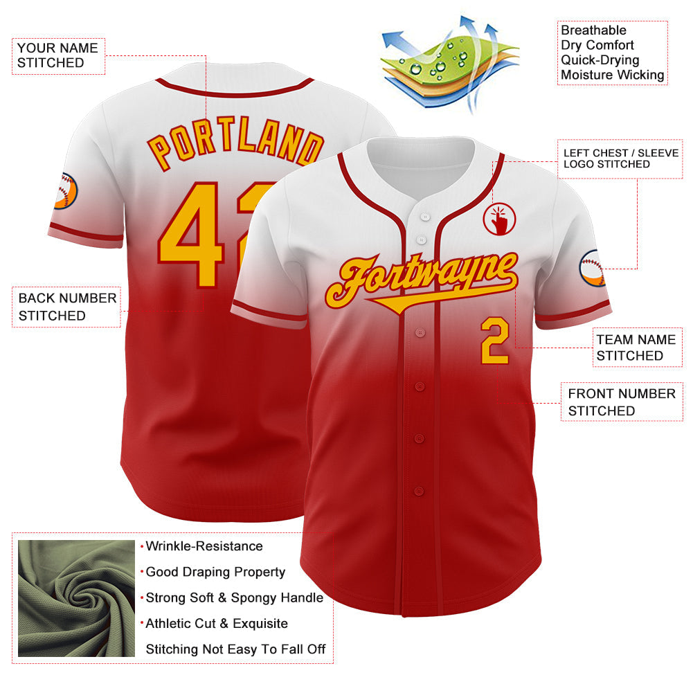 Custom White Gold-Red Authentic Fade Fashion Baseball Jersey - Sky-Custom