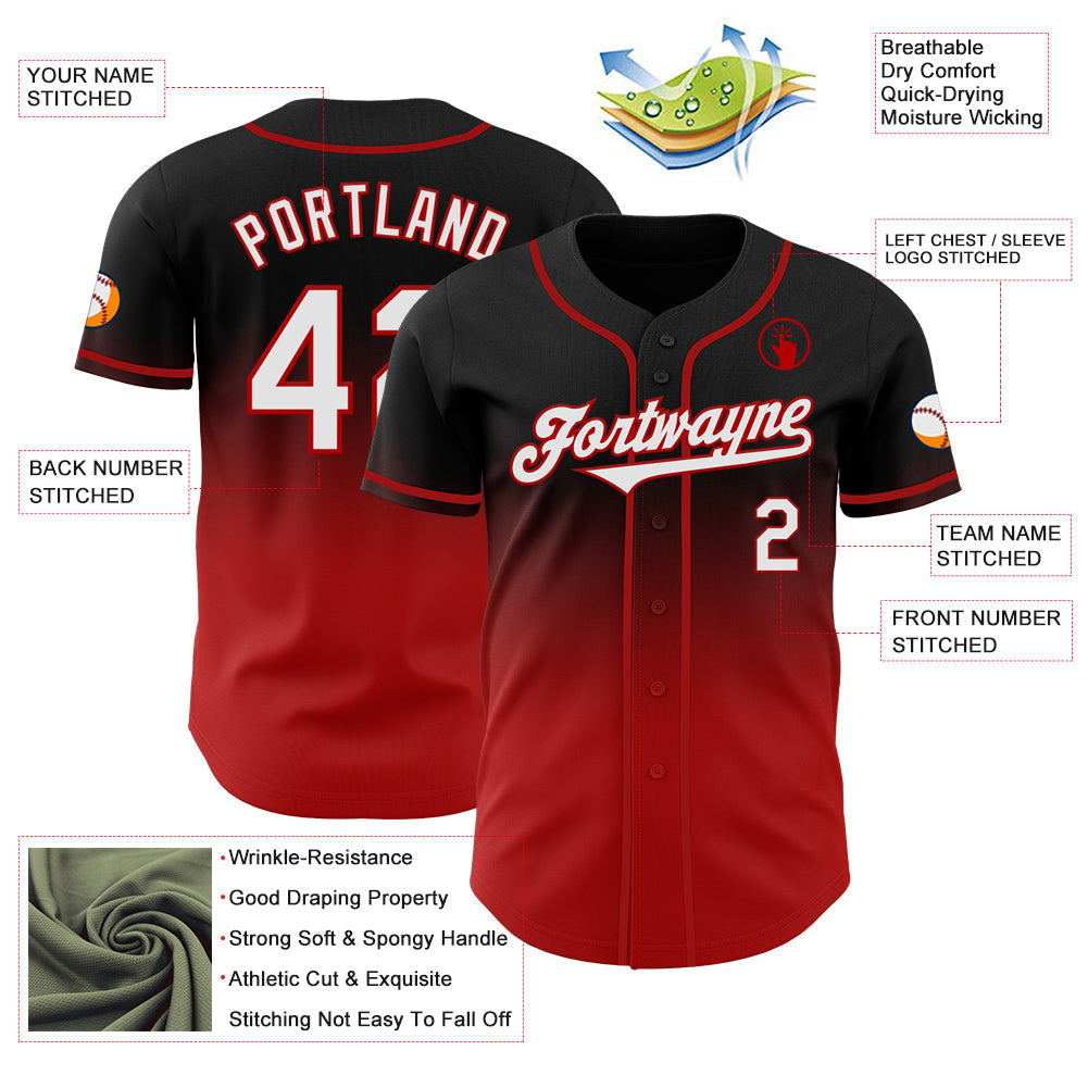 Custom Black White-Red Authentic Fade Fashion Baseball Jersey - Sky-Custom