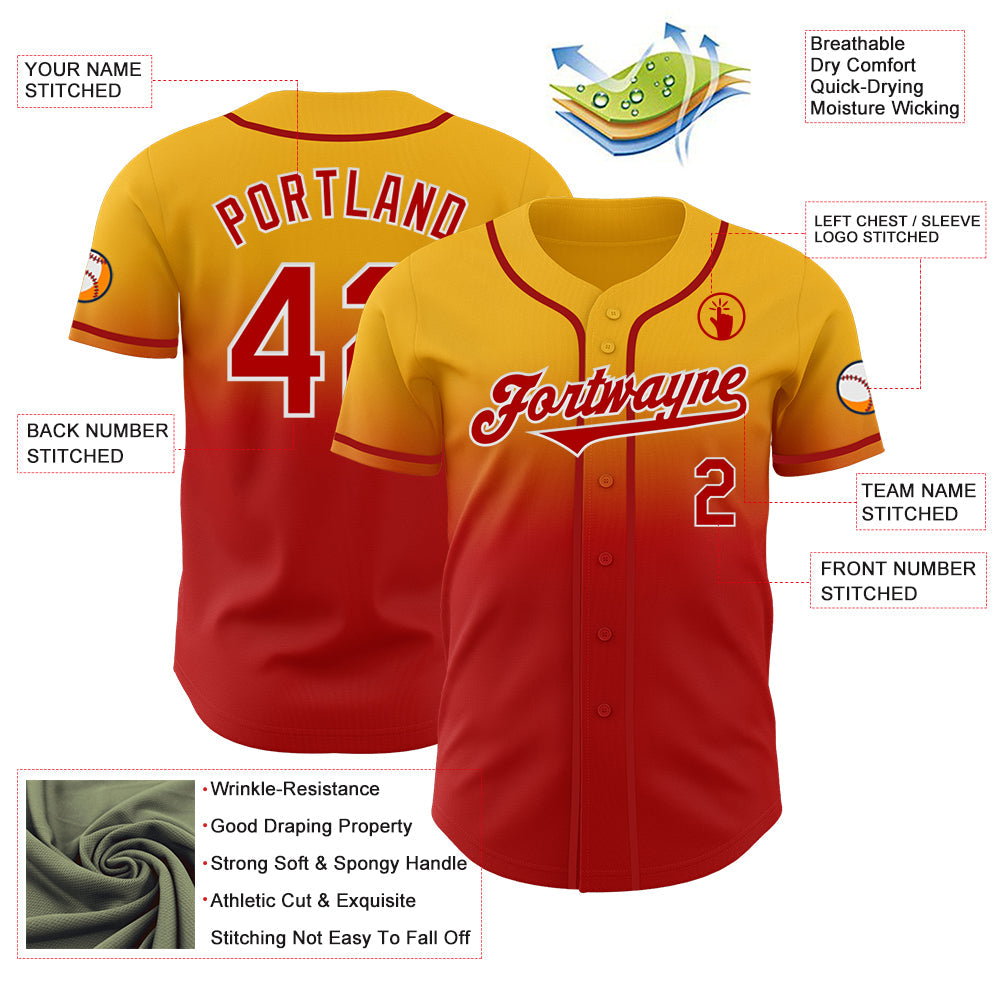 Custom Gold Red-White Authentic Fade Fashion Baseball Jersey - Sky-Custom