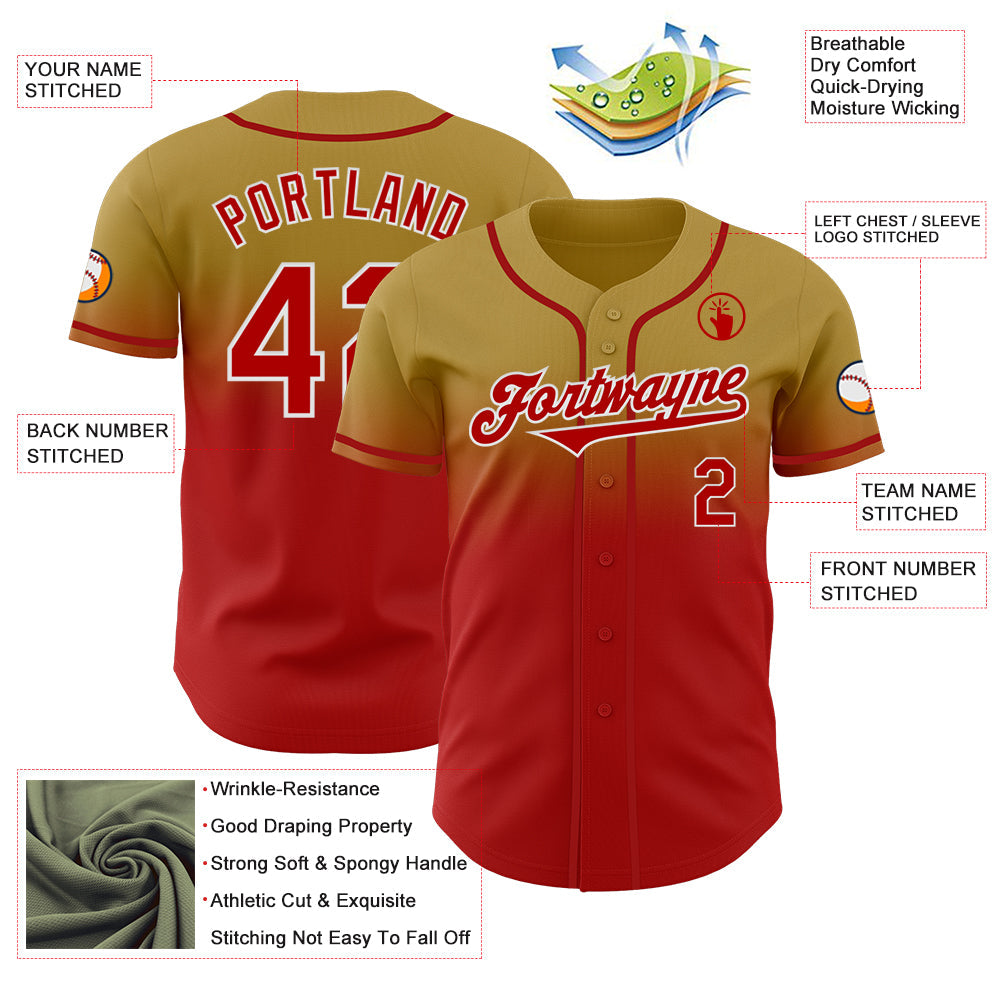 Custom Old Gold Red-White Authentic Fade Fashion Baseball Jersey - Sky-Custom