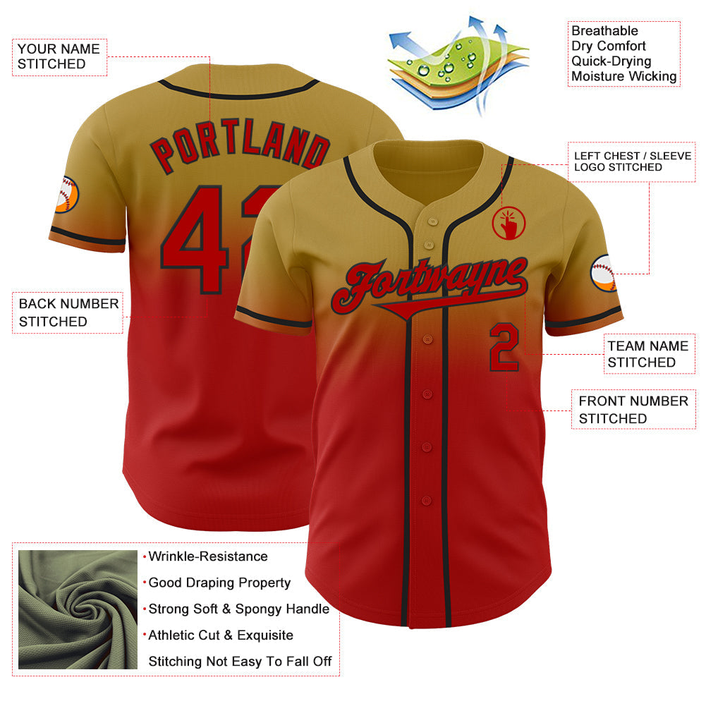 Custom Old Gold Red-Black Authentic Fade Fashion Baseball Jersey - Sky-Custom