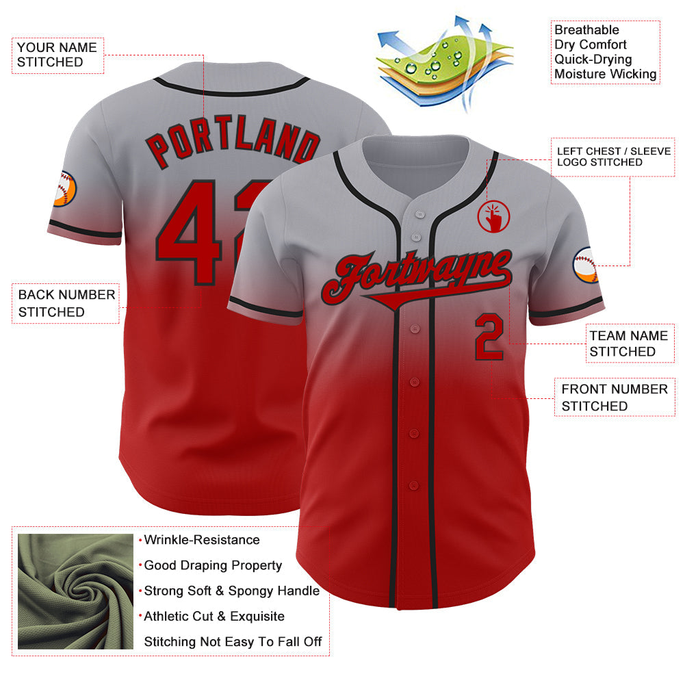 Custom Gray Red-Black Authentic Fade Fashion Baseball Jersey - Sky-Custom