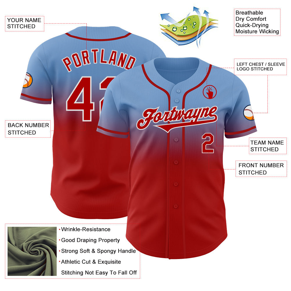 Custom Light Blue Red-White Authentic Fade Fashion Baseball Jersey - Sky-Custom