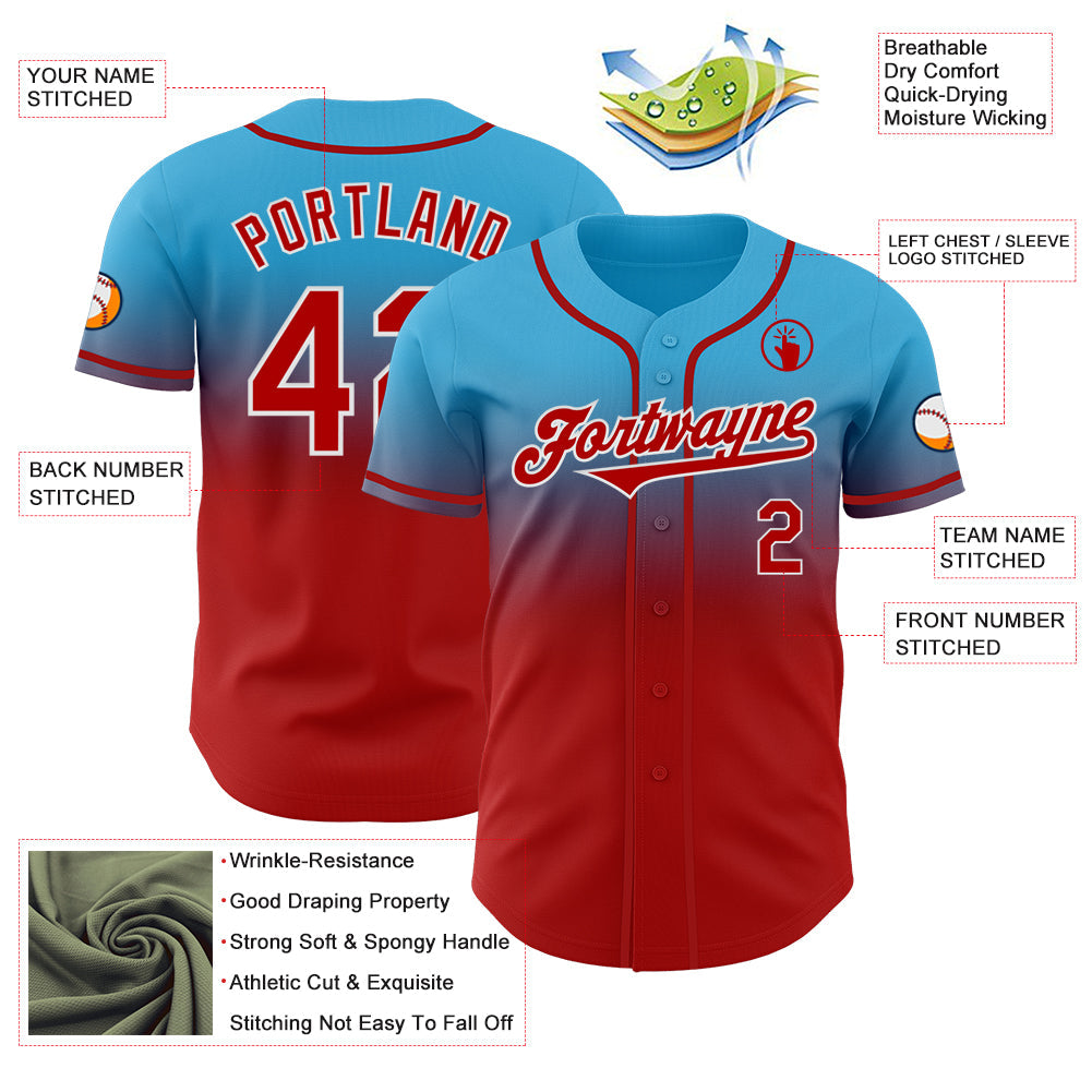 Custom Sky Blue Red-White Authentic Fade Fashion Baseball Jersey - Sky-Custom
