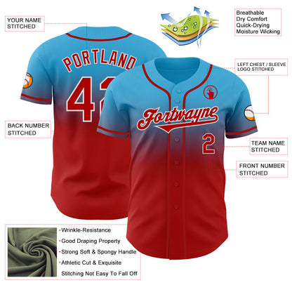 Custom Sky Blue Red-White Authentic Fade Fashion Baseball Jersey - Sky-Custom