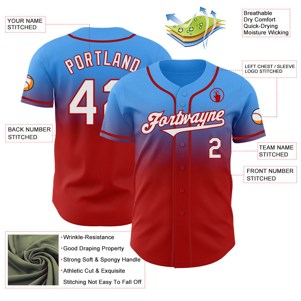 Custom Electric Blue White-Red Authentic Fade Fashion Baseball Jersey - Sky-Custom