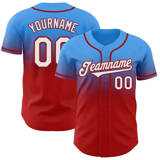 Custom Electric Blue White-Red Authentic Fade Fashion Baseball Jersey - Sky-Custom