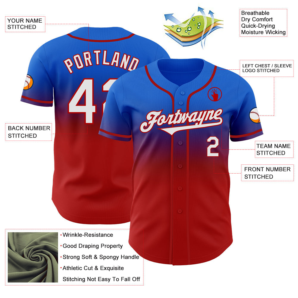 Custom Thunder Blue White-Red Authentic Fade Fashion Baseball Jersey - Sky-Custom