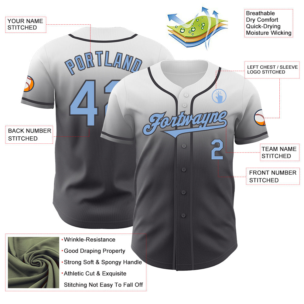 Custom White Light Blue-Steel Gray Authentic Fade Fashion Baseball Jersey - Sky-Custom