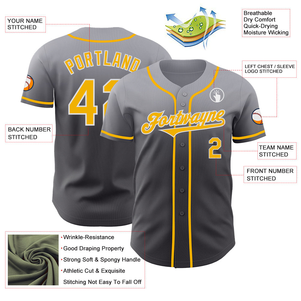 Custom Gray Gold Steel Gray-White Authentic Fade Fashion Baseball Jersey - Sky-Custom