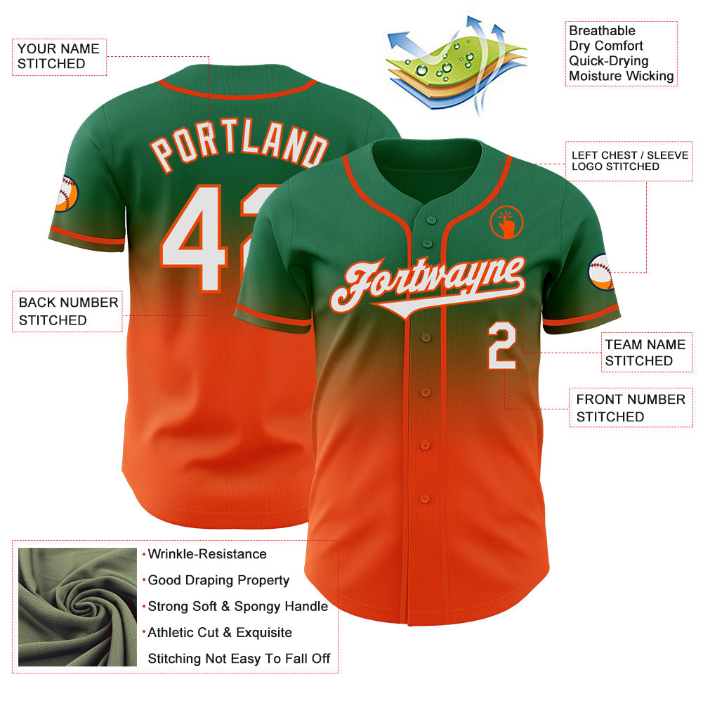 Custom Kelly Green White-Orange Authentic Fade Fashion Baseball Jersey - Sky-Custom