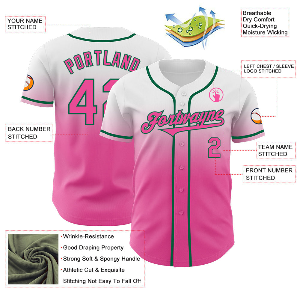 Custom White Pink-Kelly Green Authentic Fade Fashion Baseball Jersey - Sky-Custom