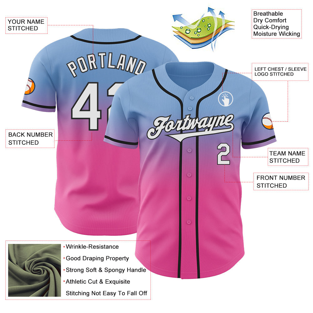 Custom Light Blue White Pink-Black Authentic Fade Fashion Baseball Jersey - Sky-Custom
