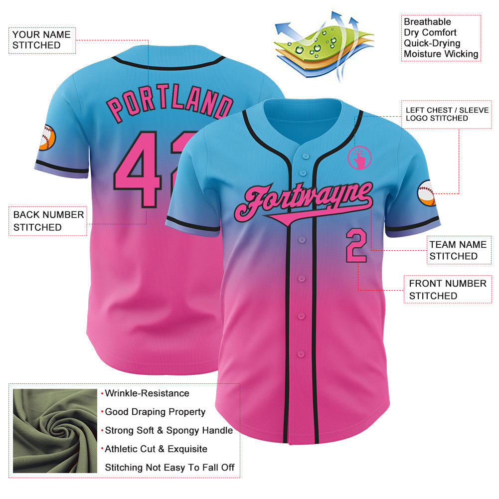 Custom Sky Blue Pink-Black Authentic Fade Fashion Baseball Jersey - Sky-Custom