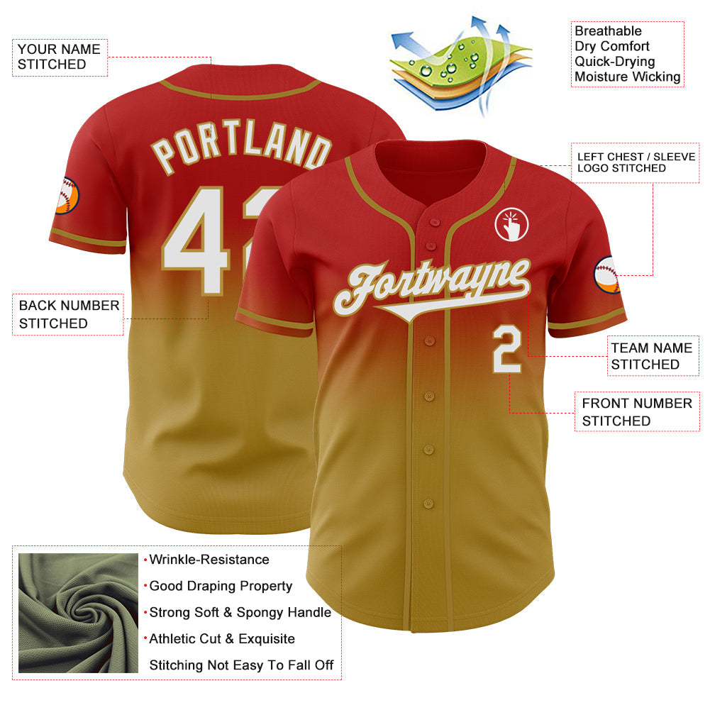 Custom Red White-Old Gold Authentic Fade Fashion Baseball Jersey - Sky-Custom