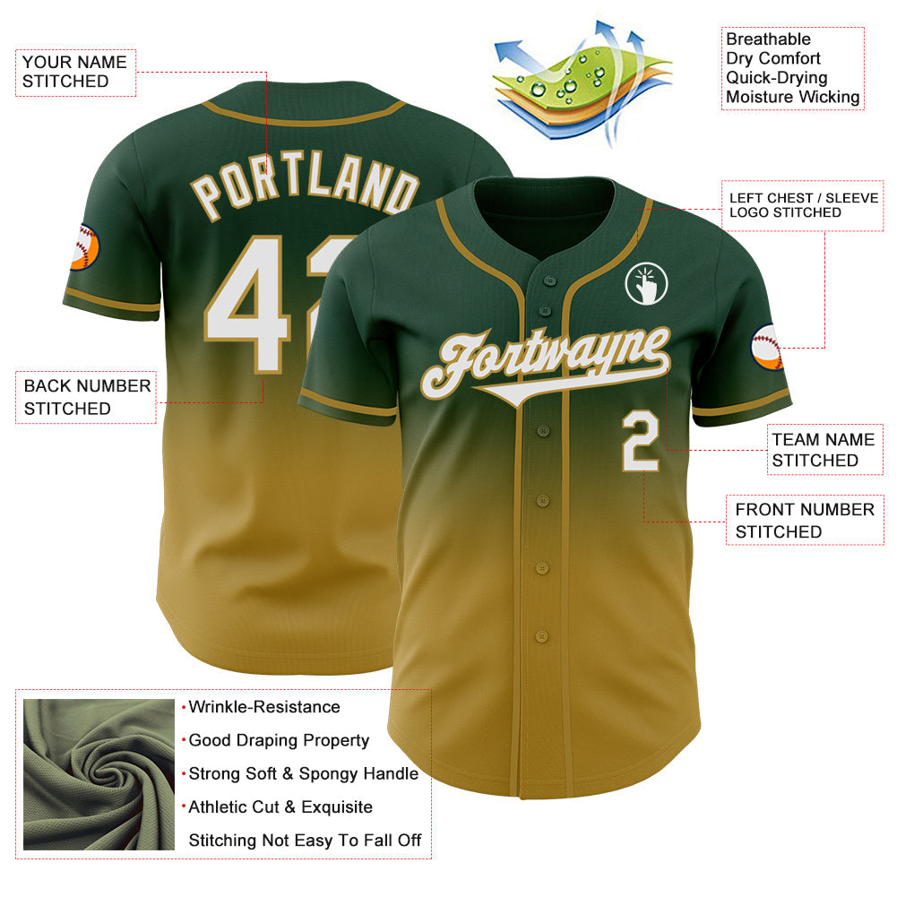 Custom Green White-Old Gold Authentic Fade Fashion Baseball Jersey - Sky-Custom