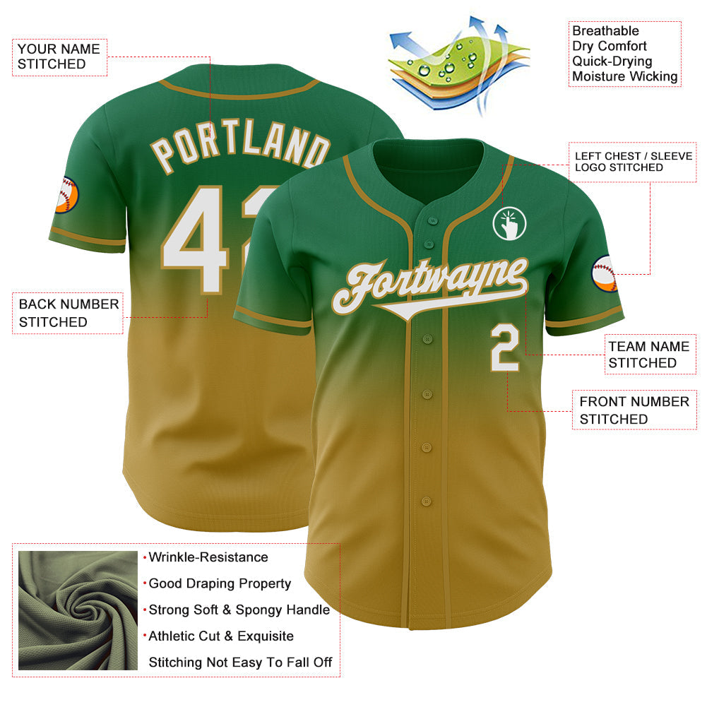 Custom Kelly Green White-Old Gold Authentic Fade Fashion Baseball Jersey - Sky-Custom