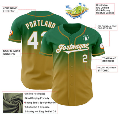 Custom Kelly Green White-Old Gold Authentic Fade Fashion Baseball Jersey - Sky-Custom