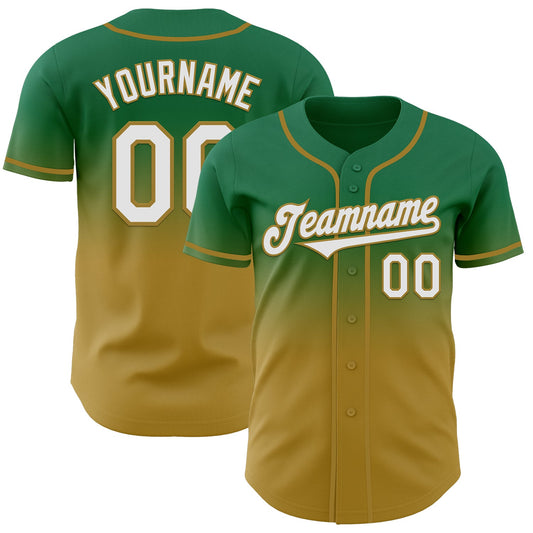 Custom Kelly Green White-Old Gold Authentic Fade Fashion Baseball Jersey - Sky-Custom