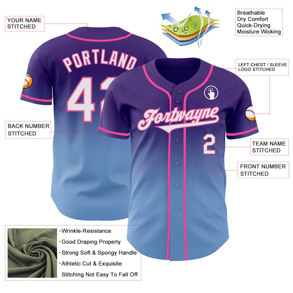 Custom Purple White Light Blue-Pink Authentic Fade Fashion Baseball Jersey - Sky-Custom