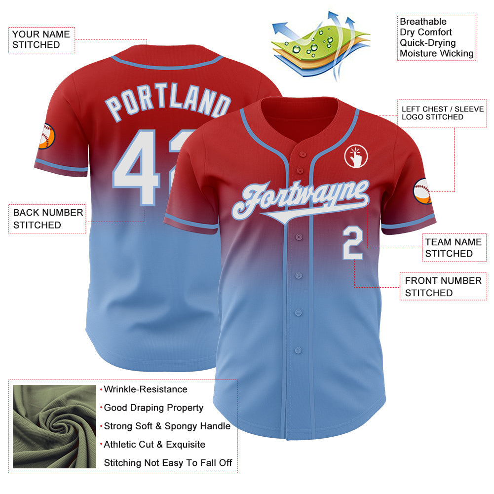 Custom Red White-Light Blue Authentic Fade Fashion Baseball Jersey - Sky-Custom