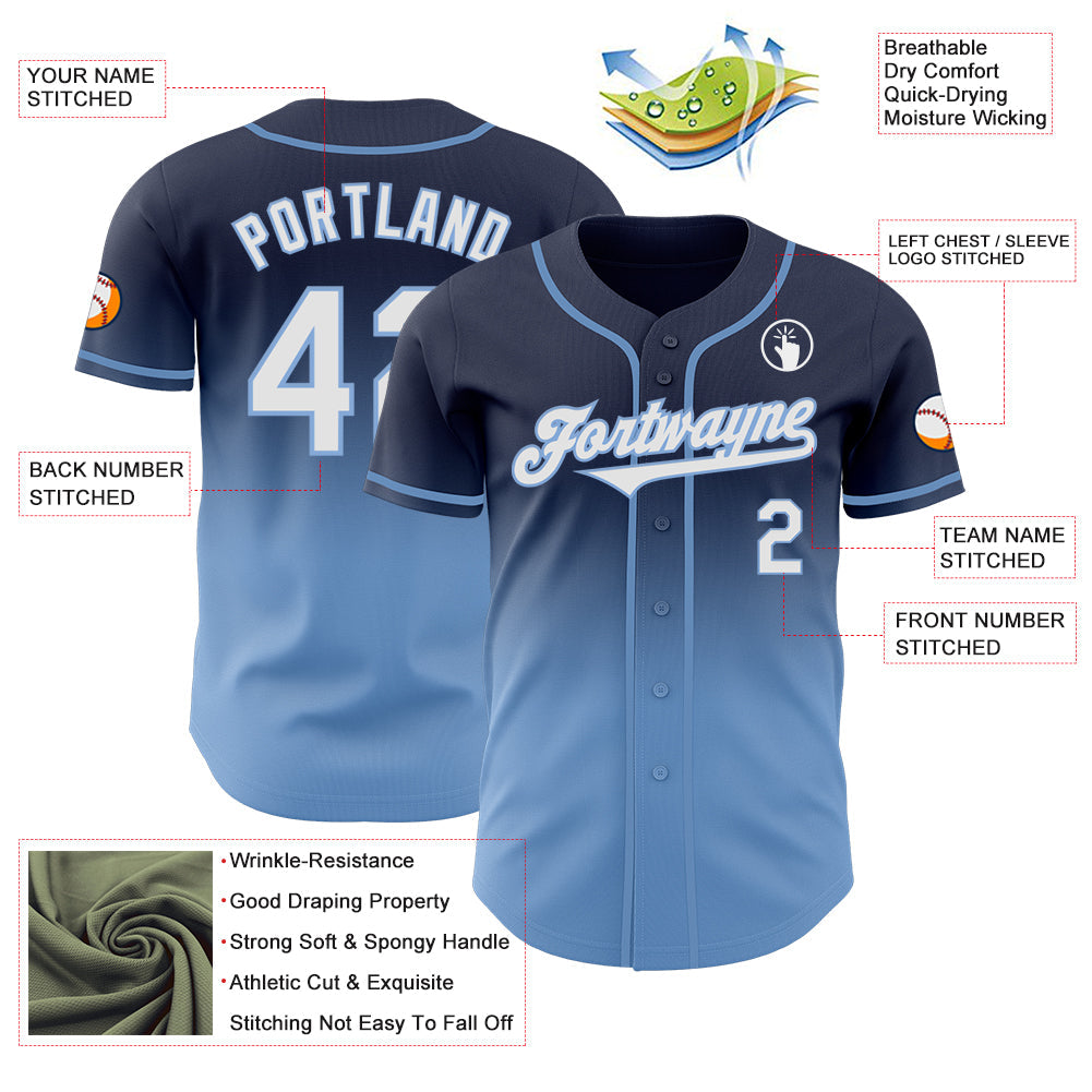 Custom Navy White-Light Blue Authentic Fade Fashion Baseball Jersey - Sky-Custom