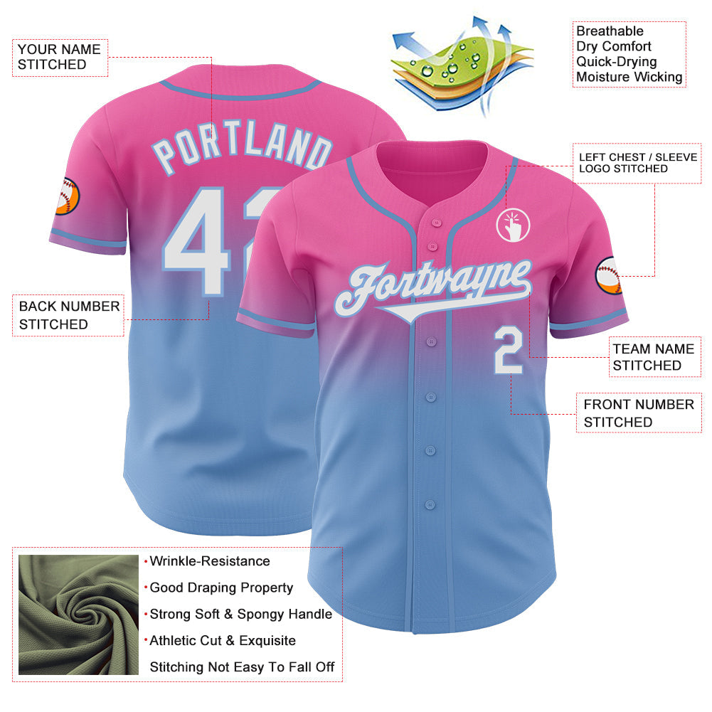 Custom Pink White-Light Blue Authentic Fade Fashion Baseball Jersey - Sky-Custom